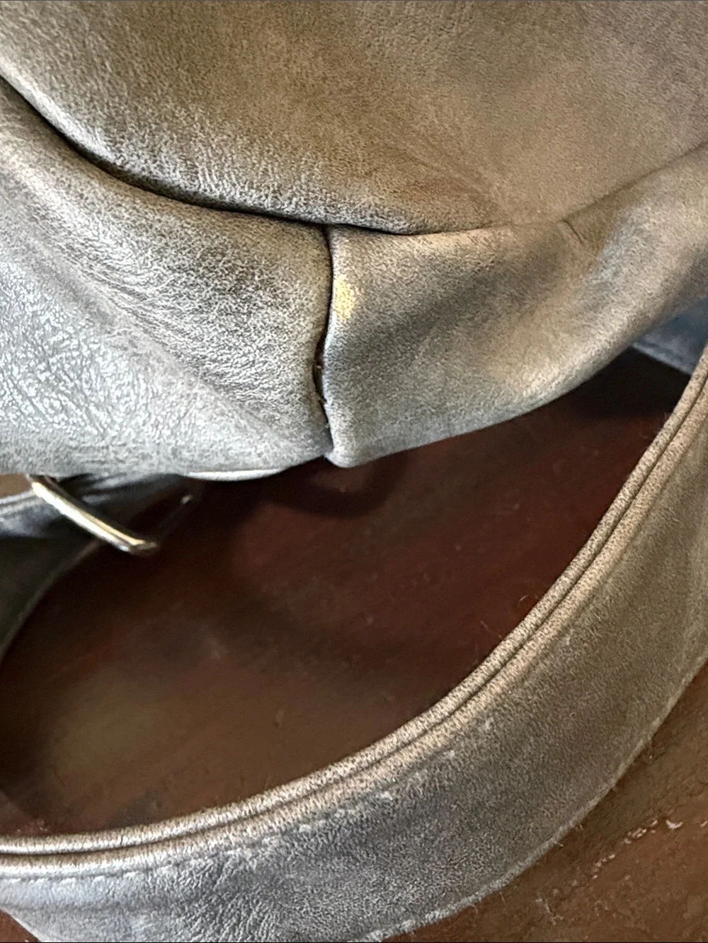 Gray Women’s Leather-Style Backpack with Multicolor Strap